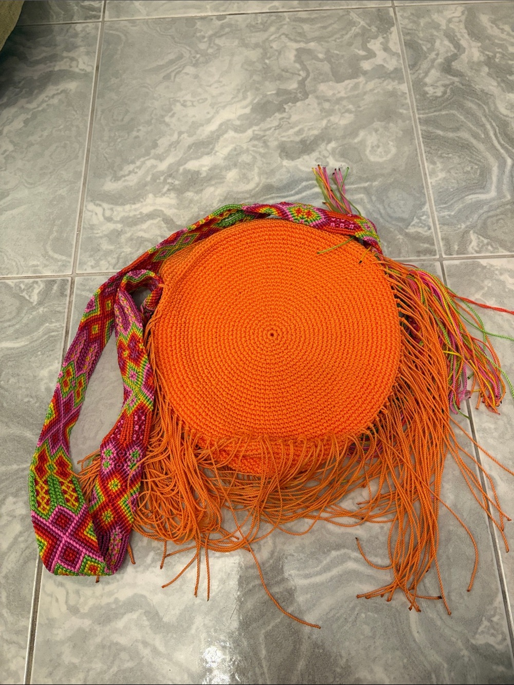 Handwoven Orange Round Fringe Crossbody Bag
